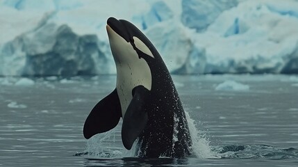 Wall Mural - orca breaching in icy antarctic waters.