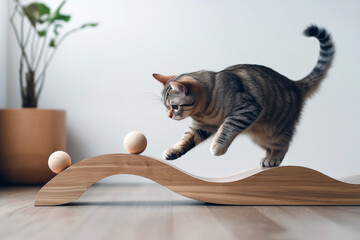 Fototapete - A tabby cat playing with a ball-and-track toy on a wooden floor in a minimalistic room.