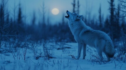 Wall Mural - Arctic wolf howling at the moon in snowy landscape at night.