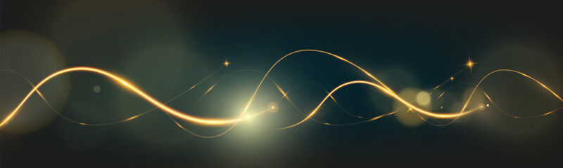 Poster - Golden glowing wave lines on dark background with sparkling light effects, elegant abstract design for technology, luxury, or festive themes.	