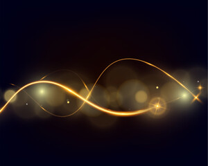 Poster - Golden glowing wave lines on dark background with sparkling light effects, elegant abstract design for technology, luxury, or festive themes.	