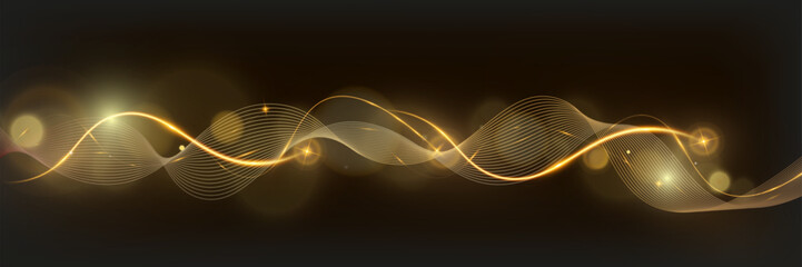 Poster - Golden glowing wave lines on dark background with sparkling light effects, elegant abstract design for technology, luxury, or festive themes.	