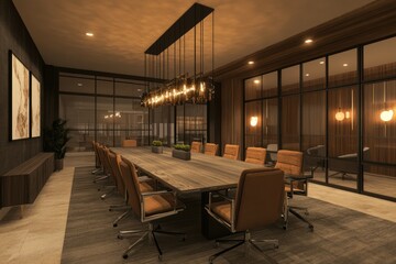 Wall Mural - Luxurious, modern conference room with elegant lighting, comfortable chairs, and a long conference table for high-profile business meetings