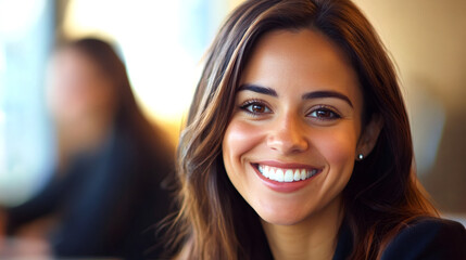 Canvas Print - Cheerful businesswoman exuding confidence and success while smiling in a professional office setting