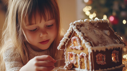 A girl of about seven years old makes a gingerbread house. --ar 16:9 --v 6.1 Job ID: 735fb4ab-5d9c-44db-a561-51481077e37b