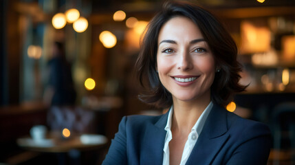 Canvas Print - Confident businesswoman in professional attire smiling at an elegant restaurant