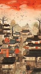 Wall Mural - Japanese wood block print illustration of town tradition outdoors city.