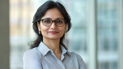 Wall Mural - Confident and professional businesswoman in modern office, smiling with folded arms and wearing glasses