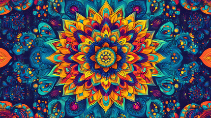 Wall Mural - Hypnotic fractal mandala pattern in colorful neon colors as background illustration. Fractal. Illustration