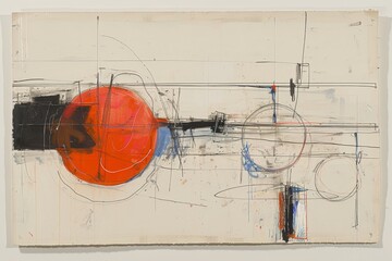Poster - An abstract artwork displays a bold red circle, along with intersecting lines and various geometric forms. The piece features a minimalistic design highlighting contrasting colors and shapes.