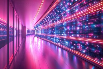 Poster - A vivid corridor featuring glowing neon lights stretches into the distance, creating a dynamic atmosphere.