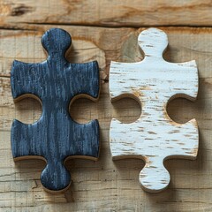 Poster - Two uniquely crafted wooden puzzle pieces, one dark and textured, the other light and rustic, rest on a weathered wooden table, illuminated by soft, natural light highlighting their features.