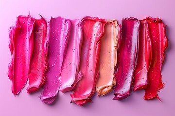 Poster - A stunning arrangement of colorful paint strokes in various shades of pink, red, and peach against a soft pink background showcases artistic creativity and texture in an eye-catching display.