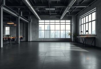 Wall Mural - Industrial place interior with dark gray concrete floor and exposed metal beams