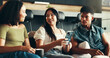 © peopleimages.com - House, cellphone and friends on sofa, typing and network with weekend break, smile and relax. People, apartment and women with man, smartphone and talking with connection, comfort or bonding together