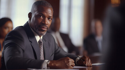 Canvas Print - Focused businessman taking notes during a corporate meeting, demonstrating professionalism and attentiveness