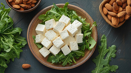 Wall Mural - Rich calcium sources displayed, tofu with almonds and leafy greens, diet food choices healthy, nutrition from organic ingredients, top view.