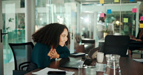 Poster - Business, woman and surprise on laptop in office for good news, job promotion or incentive announcement. Professional, employee and excited at desk for online achievement and sales success and target