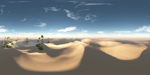 Wall Mural - Oasis at sunset in a sandy desert. Environment map. HDRI . equidistant projection. Spherical panorama. panorama 360.
3d rendering