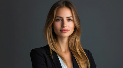 Wall Mural - Confident and professional young businesswoman in a blazer posing for a studio portrait against a gray background