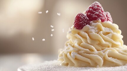 Wall Mural - Creamy dessert topped with raspberries and powdered sugar.