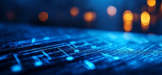 Fototapete - Abstract digital music notes glowing on dark surface.