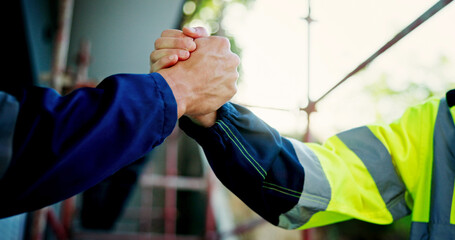 Poster - Engineering, closeup and business people with handshake, partnership and contractor. Employees, architecture and collaboration with thank you, greeting and planning for building project and deal