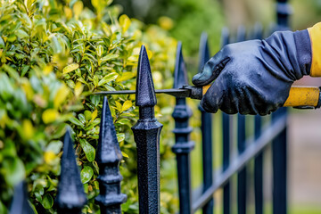 A close-up of a person installing a black fence with greenery, highlighting attention to detail and manual labor in landscaping.