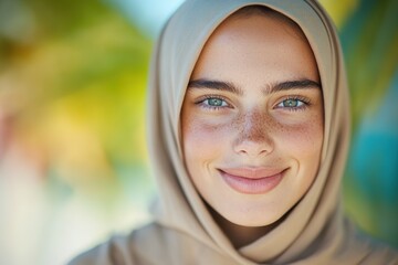 close-up photo of young woman wearing headscarf smiling warmly natural lighting inclusive tone