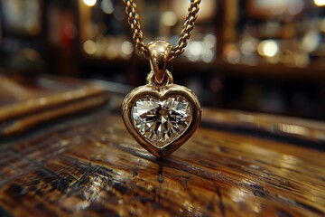 Wall Mural - Heart-shaped pendant featuring a brilliant diamond on a wooden surface in a cozy jewelry shop