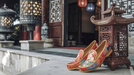 Elegant Traditional Chinese Embroidered Shoes in Serene Outdoor Setting. Discover the beauty of traditional craftsmanship with these elegantly embroidered Chinese shoes, set against a charmi...