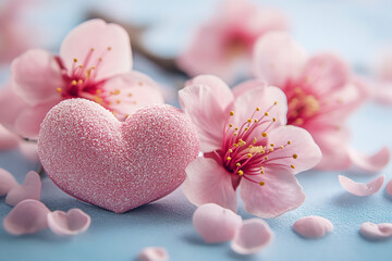 Wall Mural - Pink pastel hearts and flowers, valentine or birthday greeting card