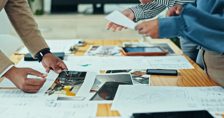 Poster - Architects, hands and design meeting with documents, planning and agency for creative partnership. Business people, tablet and engineering for blueprint, brainstorming or problem solving for startup