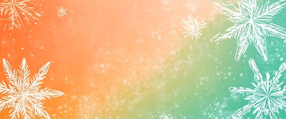 Fototapete - hand drawn child doodle big snowflakes and christmas stars pale crayons on pastel green and orange gradient background seamless background