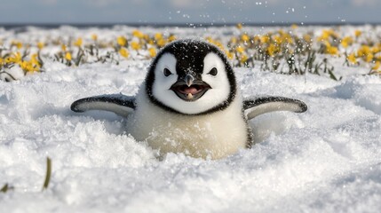 Wall Mural - Playful penguin chick in snow, yellow flowers.