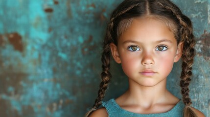 Wall Mural - A young girl with brown hair and blue eyes is standing in front of a blue wall. She has her hair in pigtails and is wearing a blue dress