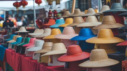 Colorful Array of Traditional Market Hats. Explore a vibrant display of straw hats in various colors, showcasing craftsmanship at a bustling market setting.