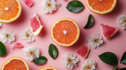 Poster - Fresh citrus and blossoms on a pink background