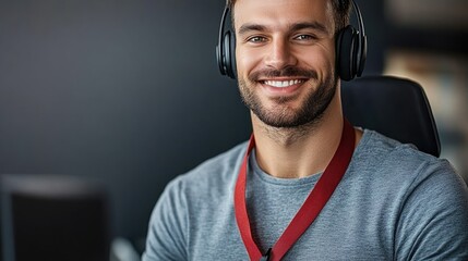 Smiling young male customer support executive assisting clients in a modern office setting while wearing headphones