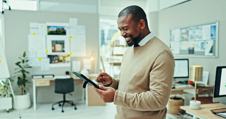 Poster - Real estate, tablet and businessman in office for research online for realtor, opportunity or listing services. African person, smile and browsing housing website for apartment, post and property ads
