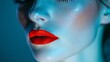 © ENGGAL - Close-up of woman's face with bright red lips and blue lighting.