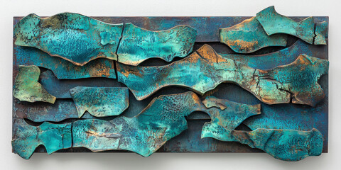 Abstract wall sculpture of layered, cracked turquoise and bronze metal plates with a textured, weathered look. Unique patterns on each piece create a cohesive, fragmented visual effect