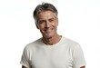 © Salih - Caucasian mature man smiling. Man in tshirt isolated on white. Handsome mature man with hair. Stylish male. Men casual style. Portrait of handsome guy in menswear. Stylish menswear fashion