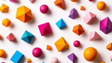 Poster - Vibrant assortment of colorful geometric shapes, including spheres, cubes, pyramids, and diamonds, scattered across a white background