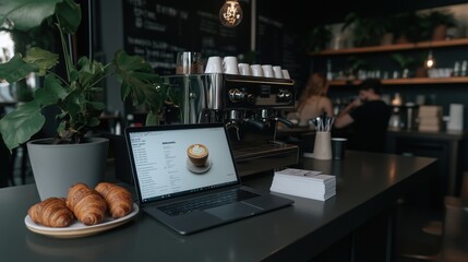 Wall Mural - a laptop is open on a table with a plate of croissants and a cup of coffee. the scene is set in a ca