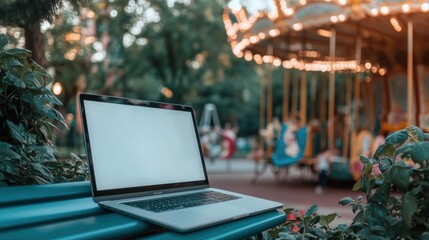 Wall Mural - a laptop is open on a bench in a park. the park is filled with people and there are several swings a