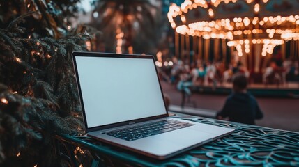 Wall Mural - a laptop is open on a bench in a park. the park is filled with people and there are several swings a