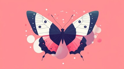 Wall Mural - A vibrant, minimalistic illustration of a butterfly with bold colors on a pink background, featuring circular patterns