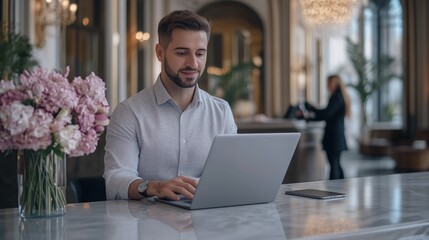 Wall Mural - a man is sitting at a table with a laptop in front of him. he is smiling and he is enjoying his time