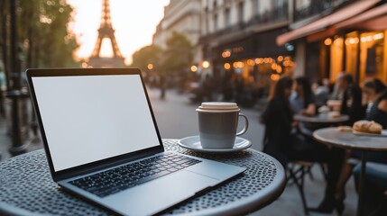 Wall Mural - a laptop is open on a table in front of a flower arrangement. the laptop is empty and the table is s